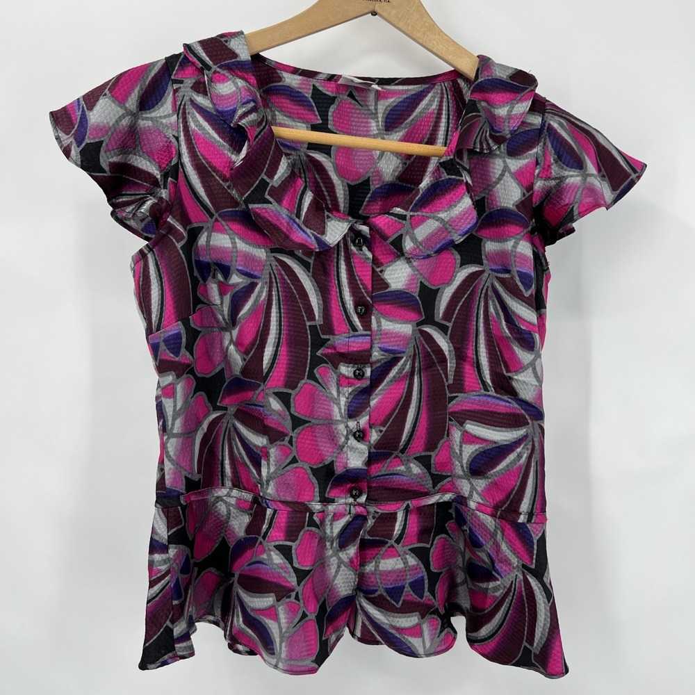 Feminine Boho Ruffled Peplum Short Sleeve Abstract Artsy Blouse 60s 70s Style PM